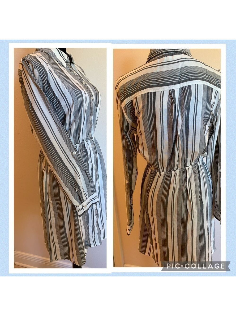 PINK ROSE black natural long sleeve shirtdress summer neutral pinstripe